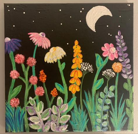 Mini Mural Ideas, Wild Flowers Painting, Painting With Friends, Blackboard Art, Art Parties, Spring Board, Black Canvas Art, Painting Flowers Tutorial, Art To Paint