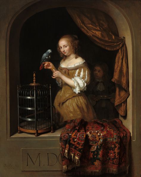 Caspar Netscher, "Woman Feeding a Parrot, with a Page" (1666), oil on panel (courtesy National Gallery of Art, Washington, the Lee and Juliet Folger Fund) Gabriel Metsu, National Gallery Of Ireland, Fashion History Timeline, 17th Century Fashion, Grey Parrot, Master Paintings, Dutch Golden Age, African Grey Parrot, Royal Academy Of Arts