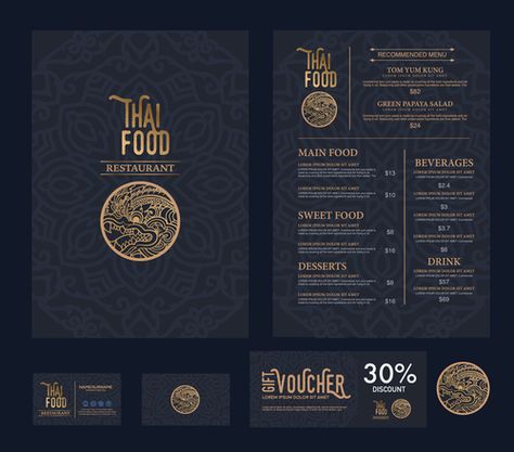 Download Thai food menu cover vector in EPS format. Cover,food,Menu,thai Vector Card and more resources at freedesignfile.com Thai Mat, Thai Food Restaurant, Thai Food Menu, Menu Design Layout, Thai Menu, Menu Cover Design, Restaurant Menu Covers, Restaurant Logos, Food Logo Design Inspiration