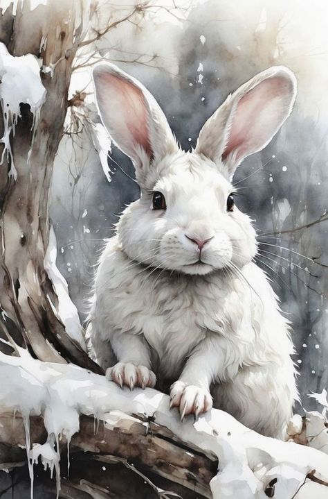 Cute Bunny Painting, Rabbit Wall Art, Bunny Painting, Rabbit Painting, Wall Art Neutral, Painting Printable, Winter Painting, Rabbit Art, Bunny Art