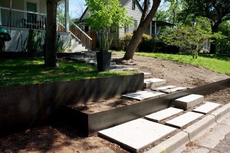 We have been busy over the last several weeks welding some steel retaining walls in central/West Austin, for the Bodle residence.  The design was already Steel Retaining Wall, Retaining Wall Steps, Wall Detail, Garden Retaining Wall, Corten Steel Planters, Concrete Walkway, Steel Planters, Austin Homes, River Stones