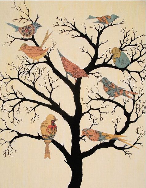 birds in a tree Birds In A Tree, Porch Trees, Different Birds, Collage Ideas, Festive Collection, Summer Rain, Bird Tree, Bird Illustration, Colorful Birds