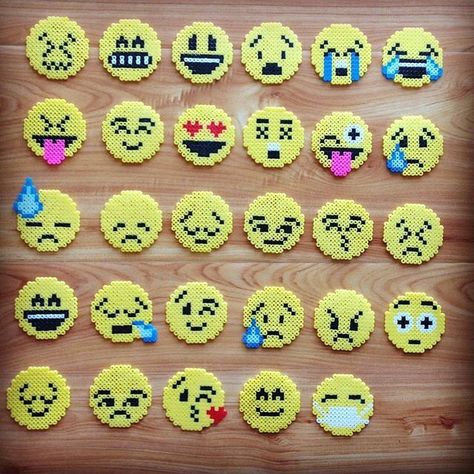 Perler beads emojis. Perler Beads Ideas, Beads Perler, Melty Bead Patterns, Fuse Bead Patterns, Art Perle, Hama Beads Design, Perler Crafts, Beads Designs, Bead Sprite