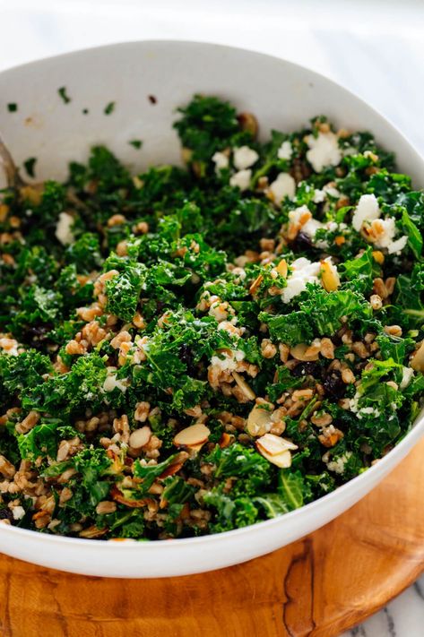 Farro Salad Recipes, Crumbled Goat Cheese, Farro Recipes, Salad With Goat Cheese, Massaged Kale, Farro Salad, Kale Recipes, Goat Cheese Salad, Dried Cherries