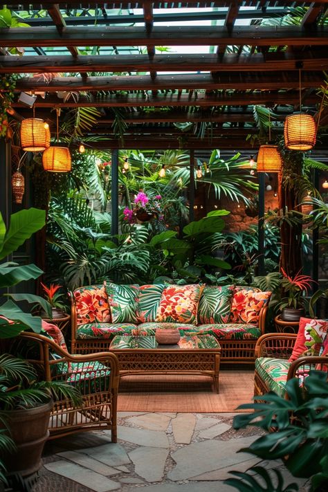 Combine lush tropical plants with vibrant bohemian textiles to create a serene escape that feels like a permanent vacation. Colorful hammocks and rattan furniture enhance the relaxed vibe. Tropical Pergola, Bohemian Patio Ideas, Bohemian Patio Decor, Bohemian Textiles, Courtyard Plants, Tropical Patio, Bohemian Patio, Tropical Garden Design, Tiki Decor