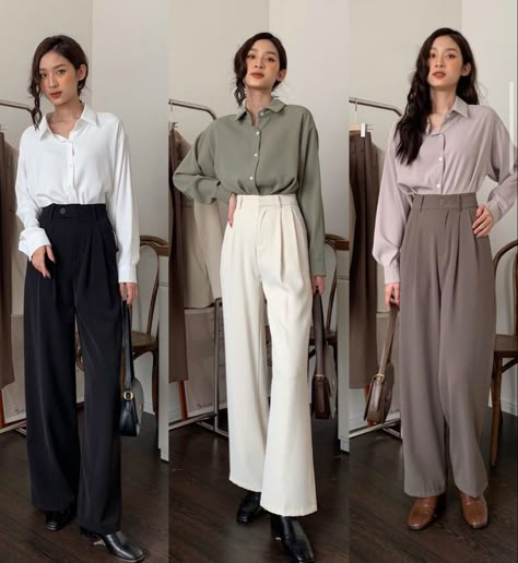 Smart Pants Outfit Women, Wide Legged Trousers Outfit, Simple Formal Outfits, Lawyer Fits, Smart Casual Clothes, Pleated Pants Outfit, Womens Work Pants, Uniform Hotel, Wide Leg Trousers Outfit