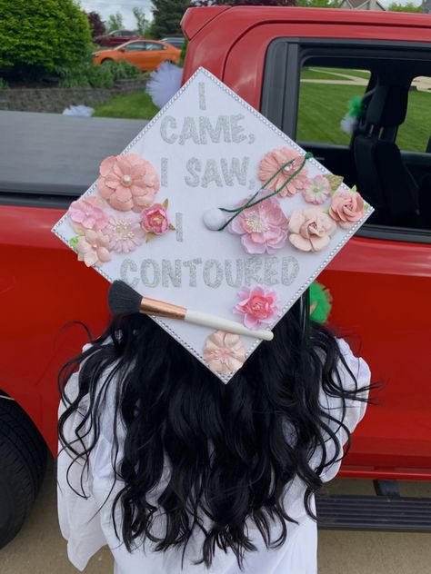 Beauty Graduation Cap, Cosmetology School Cap Ideas, Graduation Cap Designs Makeup, Graduation Cosmetology, Esthetician Grad Cap Ideas, Licensed Esthetician Graduation Cap, Esthetician Grad Cap, Aesthetician Graduation Cap, Makeup Graduation Cap