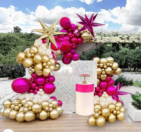 Pink And Gold Balloon Garland, Star Balloon Garland, Balloon Wedding Decor, Mother's Day Decorations, Gold Balloon Garland, Hot Pink And Gold, Star Balloons, Real Photography, Balloon Wedding