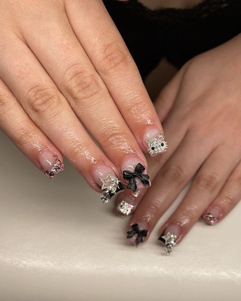 short junk nails 🎀🖤 DM to book 💕 #shortnails #hellokitty #junknails #frenchtipnails #cutenails #sanantonionails #sanantonionailtech Black And White Junk Nails, Short Junk Nail, Black Junk Nails Short, Short Junk Nail Designs, Junk Nails Short, Short Junk Nails, Junk Nail Designs, Shorties Nails, Junk Nails