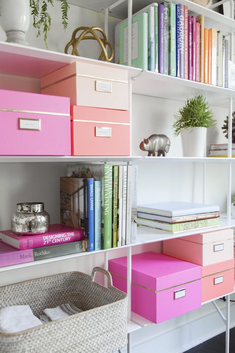 Turn office storage into a beautiful decor element by mixing woven baskets and brightly colored boxes for office and craft supply storage. #brother Organizing Inspiration, Real Estat, Craft Room Office, Office Inspiration, Organization Bedroom, Office Organization, Bathroom Bedroom, My New Room, Home Office Decor