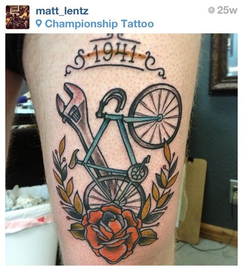 . Cycling Tattoo, Bike Tattoo, Tattoo Prints, Tool Tattoo, Bike Tattoos, Tattoo Color, Tandem Bike, American Traditional Tattoo, Neo Traditional