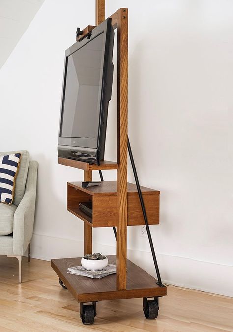 Rolling TV Stand With Shelf Wood Easel Stand Unique Portable | Interior Design Ideas Rustic Outdoor Furniture, Tv Stand Shelves, Rugs Design, Diy Tv Stand, Wood Easel, Solid Wood Tv Stand, Office Furniture Design, Tv Stand Wood, Indoor Patio Furniture