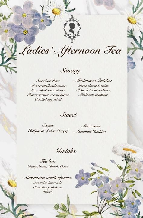 Ladies Afternoon Tea Party, Tea Party Color Scheme, Bridgerton Menu Ideas, Afternoon Tea Menu Design, English Tea Party Aesthetic, High Tea Menu Design, Bridgerton Afternoon Tea, Bridgerton Themed Tea Party, Bridgerton Tea Party Food