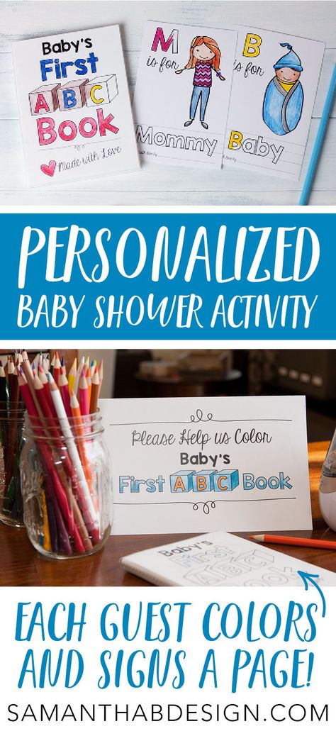 Personalized ABC Book Baby Shower Activity! Each guest colors a page for baby. #babyshower #abcbook Abc Baby Shower Book, Baby Shower Coloring Book, Baby Shower Abc Book Printable Free, Abc Book Baby Shower Activity, Baby Shower Abc Book, Baby Shower Activities For Guests, Baby Shower Coloring Pages, Baby Abc Book, Classic Baby Books