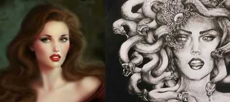 Medusa before and after curse. Medusa was beautiful but when she had relations with Poseidon, Athena became jealous and turned her into a Gorgon with green skin and snakes for hair.  - picture from team hercules, tumblr Medusa Before The Curse, Medusa Before Curse, Poseidon Drawing, Monstrous Feminine, Medusa Images, Medusa Pictures, Ovid's Metamorphoses, Beautiful Medusa, Perseus And Medusa