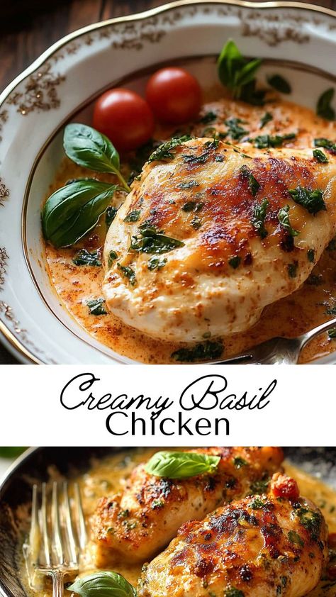 Savor the rich blend of basil and cream in this fall dinner recipe. Creamy basil chicken is a one-pan dish that’s bursting with flavor and ideal for weeknight meals. Serve with your favorite sides for a complete, satisfying meal. Basil Fried Chicken, Basil Rice Recipe, Creamy Basil Chicken, Entrees Dinner, Basil Cream Sauce, Herb Chicken Recipes, Chicken Basil, Basil Pesto Chicken, Dinner Meat