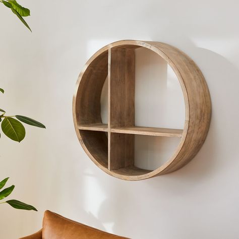 Round Shaped Wood Wall Shelves (26") | West Elm Entryway Wall Shelves, Record Shelving, Franklin Furniture, Circle Wall Shelf, Round Wall Shelf, Pilates Room, House Entryway, Cerused Wood, Round Wall Shelves