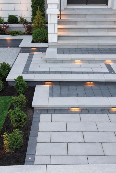 Heated Driveway Ideas, Paved Front Yard, Front House Paving Ideas, Paver Front Porch Entrance, Modern Landscaping Front Yard Entrance, Front Yard Stairs, Hardscape Front Yard, Front Yard Pavers, Front Walkway Ideas