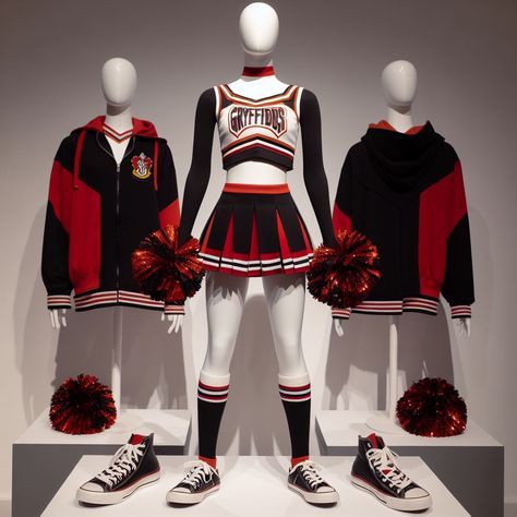 Hogwarts Cheerleader Uniform, Cheerleader Aesthetic Outfit, Cheerleading Outfits Aesthetic, Cheerleaders Outfits, Gryffindor Uniform, Cheerleader Uniforms, Women Sporty Outfits, Cheerleader Outfit, Cheer Uniforms