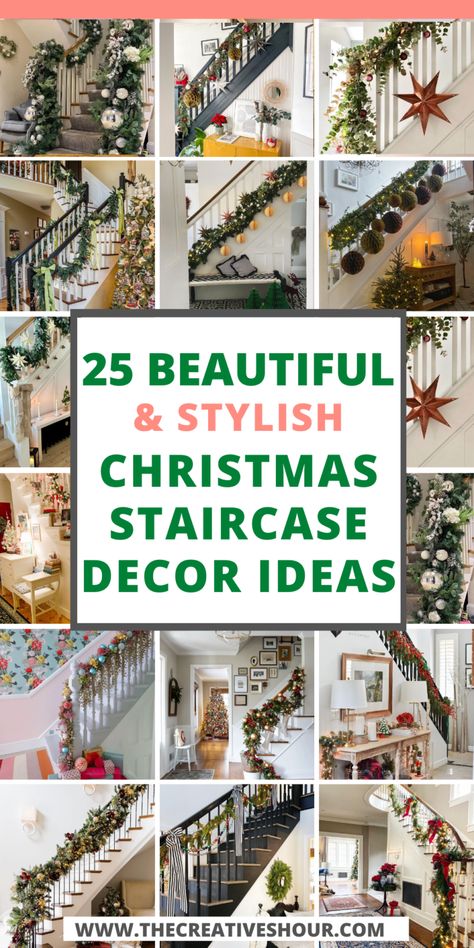 25 Bold And Bright Christmas Staircase Decor Ideas You Should See Simple Stairway Decor, Open Staircase Decorating Ideas, Holiday Stairs Decorations, How To Decorate A Staircase For Xmas, Ribbon On Stairs Christmas, Winter Staircase Decor, Christmas Decoration For Stairs, Garland Stairs Christmas, New Staircase Ideas