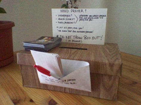 Prayer Box Outreach Bible Verse Box Ideas, Prayer Request Box Ideas, Prayer Box Ideas, Fca Ideas, Prayer Box Diy, Drop Box Ideas, Prayer Box Craft, Christian Diy, Fall Photo Booth