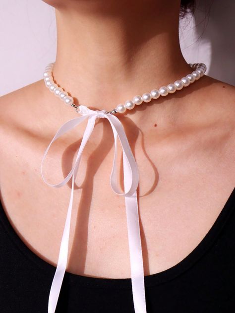 1pc Sweet Vintage White Ribbon Bow & Pearl Beaded Necklace For Women, Perfect For Daily WearI discovered amazing products on SHEIN.com, come check them out! White Ribbon Bow, Pearl Beaded Necklace, White Ribbon, Ribbon Bow, Necklace For Women, Ribbon Bows, Amazing Products, Pearl Beads, White Vintage