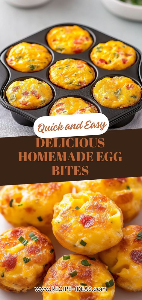 Try these delicious homemade egg bites that are even better than Starbucks! Soft, creamy, and super easy to make, these bites are packed with protein, making them the ultimate grab-and-go breakfast meal for your busy mornings. Perfect for meal prep, simply whip up a batch on the weekend and enjoy all week. Whether you enjoy them plain or customized with your favorite ingredients like veggies or cheese, these egg bites are a perfect combination of health and flavor. Say goodbye to boring breakfasts with this new favorite recipe! Homemade Egg Bites, Freezer Eggs, Easy Egg Breakfast, Starbucks Egg Bites, Easy Egg Recipes, Egg Bites Recipe, How To Make Eggs, Egg Muffin, Grab And Go Breakfast