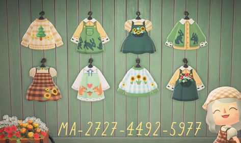 Spring Animal Crossing Codes, Animal Crossing Cloths Designs, Animal Crossing Outfit Designs, Animal Crossing Custom Codes, Animal Crossing Spring Design, Animal Crossing Spring Outfits, Animal Crossing Villagers Cottagecore, Animal Crossing Spring Clothes Codes, Acnh Spring Clothes Codes