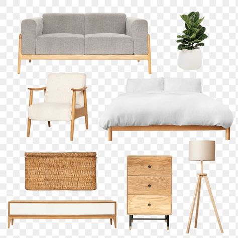 Japandi Furniture Png, Furniture Png Photoshop, Bedroom Png, Furniture Collage, Photoshop Furniture, Bed Png, Home Decor Png, Furniture Rendering, Sofa Png