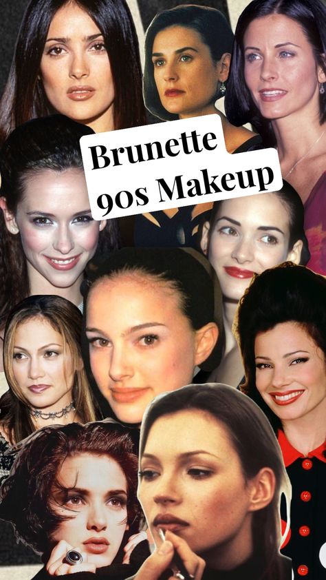 Brunette 90s Actresses Makeup Inspo #franthenanny #jenniferlopez #salmahayek #winonaryder #natalieportman #demimoore #jenniferlovehewitt #90smakeup #90sactresses #katemoss90s Kevin Acoin 90s Makeup, Winona Ryder 90s Makeup, 90s Makeup Lips, 90s Black Makeup, 90s Theme Makeup, 90s Mom Makeup, Simple 90s Makeup, 90s Eye Makeup, 90s Makeup Tutorial