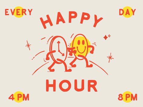 Happy Hour Design Graphics, Happy Hour Poster Design, Happy Hour Poster, Retro Mascot, Happy Hour Bar, Happy Hour Menu, Metal Signage, Quirky Illustration, Fancy Words