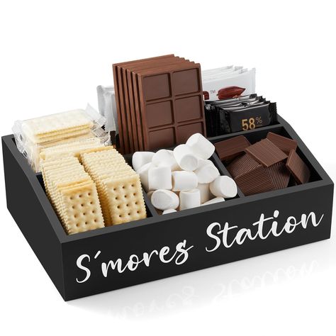 PRICES MAY VARY. Spacious and Convenient Storage: Our black S'mores Caddy provides ample space with well-designed compartments to neatly organize marshmallows, graham crackers, and chocolate bars, making s'mores preparation easy and efficient for any occasion. Superior Craftsmanship - The s'mores station is crafted from natural, high-quality solid pine wood, meticulously polished for a smooth, splinter-free surface that won't crack or warp with long-term use. After the party, simply wipe it clea Camping Party Ideas For Adults, Fire Pit Rustic, Smores Tray, Bonfire Party Ideas, Smores Caddy, S'mores Tray, Smores Kit, Bonfire Wedding, Campsite Decorating