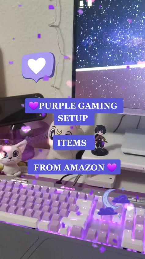 Purple Pc Setup Aesthetic, Purple Aesthetic Gaming Setup, Pc Gaming Setup Purple, Cozy Gaming Setup Purple, Purple Setup Gaming, Galaxy Gaming Setup, Pastel Purple Gaming Setup, Purple Computer Setup, Witchy Pc Setup