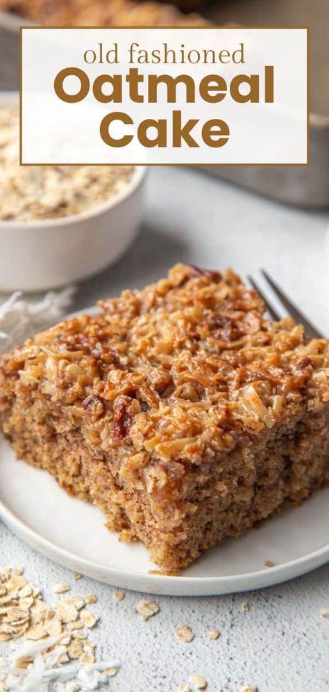 This old fashioned Oatmeal Cake is made with quick oats in a tender, cinnamon spiced cake. It's topped with a sweet coconut/pecan topping that gets crunchy under the broiler! Baked Oatmeal Cake, Oatmeal Cake Old Fashioned, Oatmeal Snacks, Oatmeal How To Make, Honey Bun Cake, Wacky Cake, Old Fashioned Oatmeal, Oatmeal Cake, Pistachio Cake