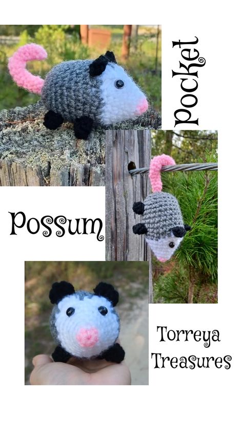 crochet gray opossum with pink nose and pink tail, white face, black ears, safety eyes, 6 inches tall, pocket size amigurumi possum stuffie Possum Crochet Pattern Free, Crochet Possum Free Pattern, Possum Crochet Pattern, Opossum Crochet Pattern, Possum Sewing Pattern, Crocheted Possum, Free Crochet Patterns Opossum, Free Crochet Patterns Possum, Crochet Opposum Pattern