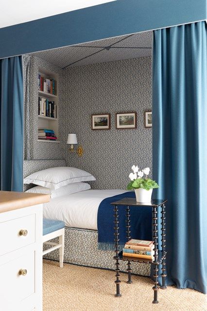 Bed curtains in a small bedroom at a modern country home designed by Veere Greeney. Small Space Ideas Apartemen Studio, Bedroom Ideas For Small Rooms, Bed Nook, Country Modern Home, Hiasan Bilik Tidur, Country House Design, Boy Bedroom Design, Small Bedroom Designs, Blue Curtains