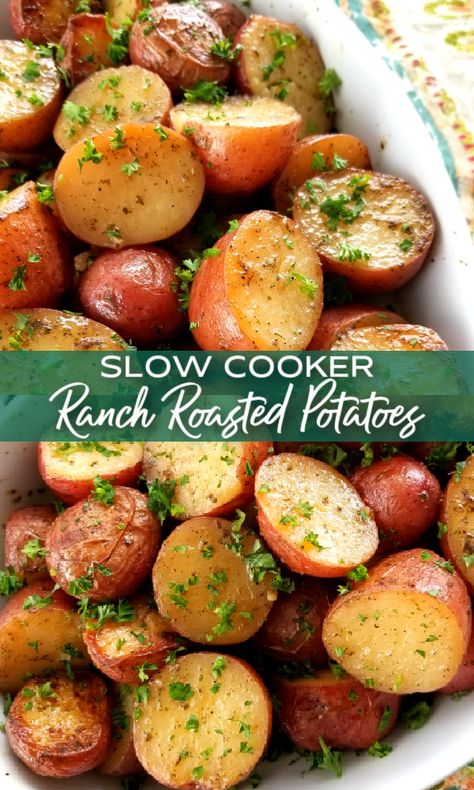 Slow Cooker Ranch Roasted Potatoes | A super easy recipe for red potatoes (new potatoes) roasted in the crock pot using dry ranch dressing seasoning mix and olive oil. Crock Pot Easter Sides, Easy Easter Sides Dishes Crock Pot, Crock Pot New Potatoes Recipes, New Potatoes Crockpot, Garlic Potatoes In Crockpot, Roasted Veggies In Crockpot, New Potatoes In Crock Pot, Slow Cooker New Potatoes, Slow Cooked Potatoes