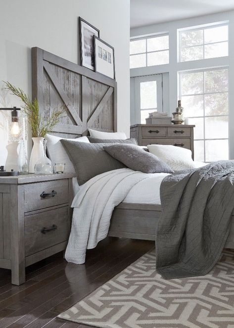 Grey Farmhouse Bedroom, Rustic Grey Bedroom, Rustic Bedroom Sets, Grey Farmhouse, Grey Bedroom Furniture, Grey Bedroom, Rustic Bedding, Gray Bedroom, Wood Bedroom