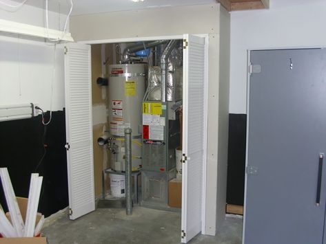 Water Heater and Sump Pump Closet - Good Idea. Furnace Room Ideas, Hide Water Heater, Water Heater Closet, Utility Room Ideas, Furnace Room, Make A Closet, Basement Laundry Room, Basement Laundry, Garage Remodel