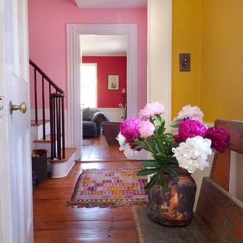 Ayumi and Chloe’s Peaceful Home in Maine Pink Hallway, Bright Artwork, Peaceful Home, Bright Homes, Home Tours, Rug Pink, Design Sponge, Pink Walls, Colorful Furniture