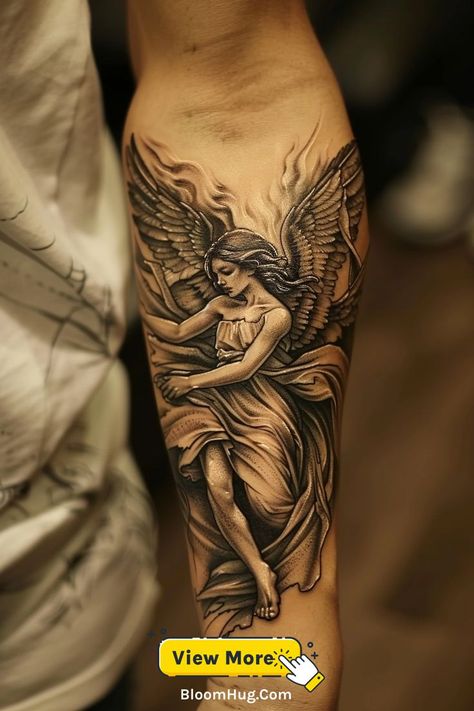 This tattoo features a guardian angel, inked on the upper arm. The intricate details of the wings and the angel’s protective pose represent guidance and strength, making it a popular choice for arm tattoos. Angel Arm Tattoo, Angel Tattoo For Men, Arm Tattoo Ideas For Men, Tattoo For Men Ideas, Guardian Angel Tattoo Designs, Arm Tattoo Ideas, Guardian Angel Tattoo, Angel Tattoos, Guardian Spirit