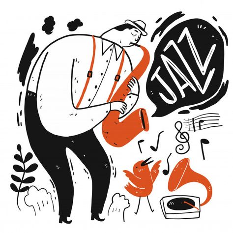 A man playing music. collection of hand drawn, vector illustration in sketch doodle style. Premium Vector | Premium Vector #Freepik #vector #music #people #hand #line Calligraphy Illustration, Arte Aesthetic, Naive Illustration, Jazz Poster, Outline Illustration, Music Illustration, Hand Drawn Vector Illustrations, Illustration Ideas, Doodle Illustration