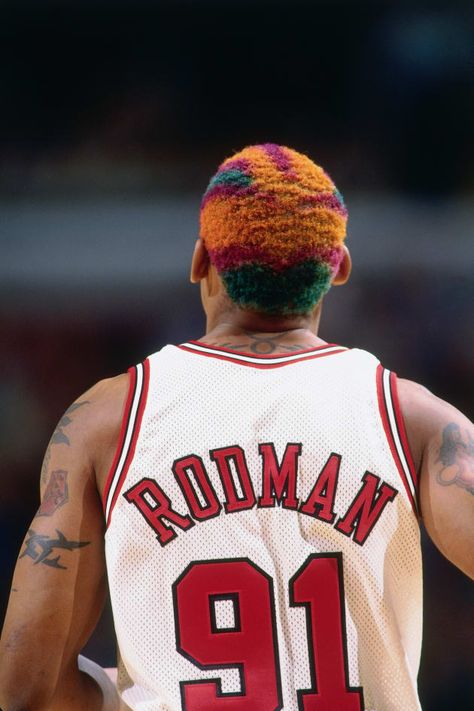 Dennis Rodman: The Player’s Best Outfits & Most Iconic Looks | Complex Old Nba Photos, Dennis Rodman Hairstyle, Dennis Rodman Hair, Dennis Rodman Outfit, Rodman Hair, Denis Rodman, Jordan Poster, Best Nba Players, Iconic Looks