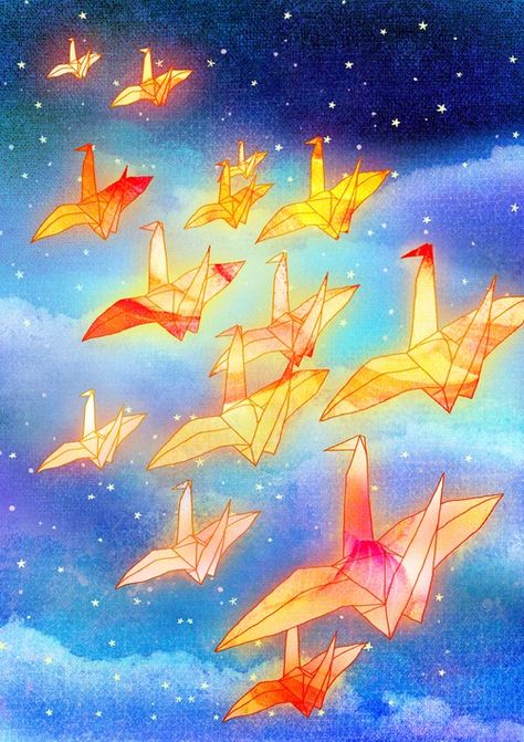 artist?  A night flight Crane Drawing, Stephanie Law, Visual Reference, Paper Cranes, Night Flight, Paper Crane, Ap Art, Hiroshima, Magical Creatures