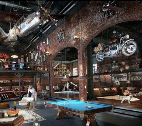 Man Cave Loft, Loft Living Space, Industrial Garage, Warehouse Living, Industrial Living, Loft Living, Loft Design, Industrial Loft, Loft Apartment