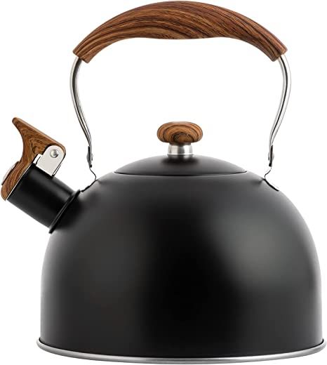 Whistling Tea Kettles with Wood Grain adjustment Nylon Handle, 2.6 Quart/2.5 Liter Capacity with Capsule Base Tea Kettle, Black Black Kettle, Tea Kettle, Tea Pot, Wooden Handles, Stove, Tea, Stainless Steel, Water, Black