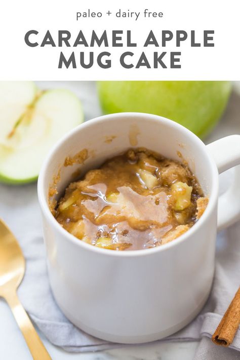 This paleo caramel apple microwave cake is indescribably good, with a moist cinnamon-spiced cake, tender green apples, and a 2-minute caramel sauce to top it all. I bet you\'ll make this paleo caramel apple microwave cake all the time, since it only take a few minutes to stir together and two minutes in the microwave to cook! This paleo caramel apple microwave cake is the perfect paleo microwave dessert. I'm obsessed! #healthydesserts #sugarfree Apple Mug Cake, Paleo Caramel, Gluten Free Caramel Apples, Paleo Dessert Recipes Easy, Paleo Mug Cake, Microwave Dessert, Caramel Apples Easy, Best Paleo Recipes, Microwave Cake