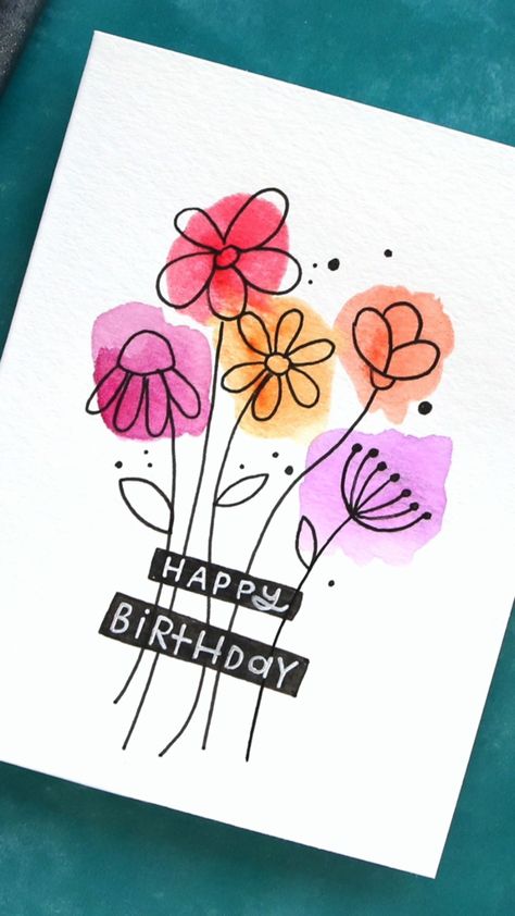 Watercolour Birthday Card Ideas Easy, Diy Watercolor Painting Ideas, Homemade Cards Watercolor, Easy Diy Watercolor Cards, Diy Watercolour Card, Birthday Cards Diy Watercolor, Diy Watercolor Birthday Card Ideas, Water Colour Card Ideas, Girl Birthday Cards Handmade