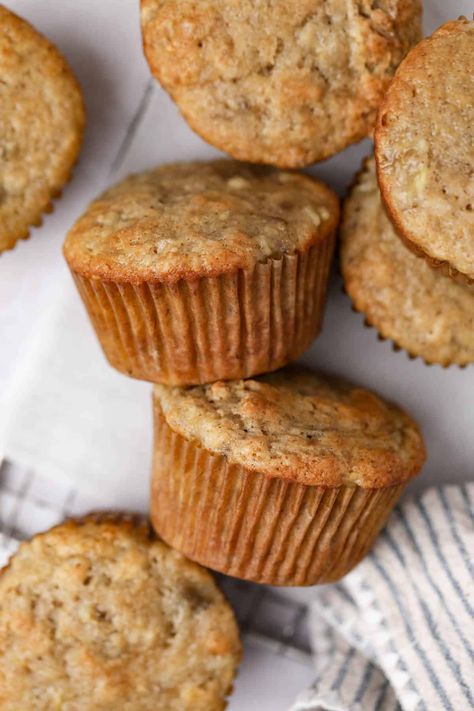 Sour Cream Banana Muffins are a moist and tender. They use basic ingredients, including just 2 bananas, and are ready in 35 minutes. Sour Cream Banana Muffins, Cinnamon Roll Coffee Cake, Cinnamon Roll Coffee, Sour Cream Muffins, Banana Oat Muffins, Double Chocolate Muffins, Banana Muffin Recipe, Banana Bread Muffins, Homemade Muffins