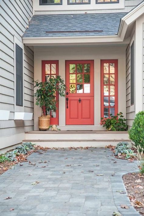 Front Door Coral, Gray House Orange Door, Dishy Coral Front Door, Coral Front Door Gray House, Coral Color Front Door, Salmon Colored Front Door, Best Red Paint For Front Door, Peach Front Door Colors, Coral Front Door Colors Sherwin Williams